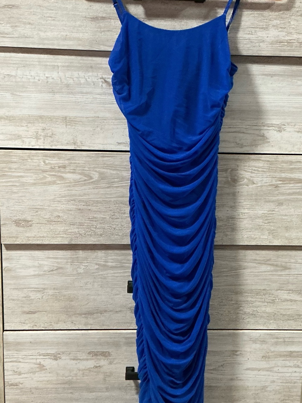 Ruched Cobalt Blue Midi Dress with Spaghetti Straps